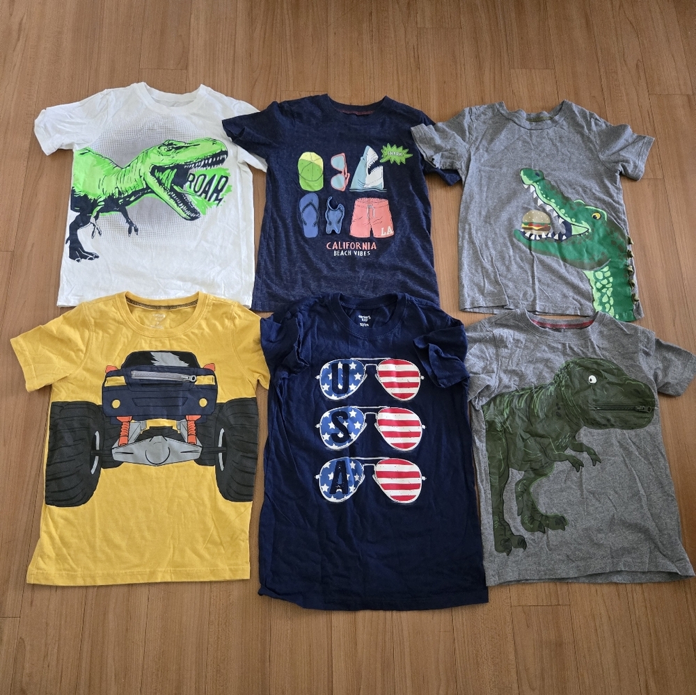 6 Carter’s Boys Graphic Tees Size 7 | Dinosaurs, Trucks, USA, Summer Fun Bundle